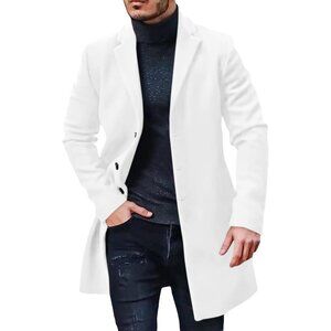 Men's White Trench Coat Winter Single Breasted Pea Coat Warm Soft Overcoat